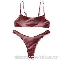 ZAFUL Womens Spaghetti Straps Padded Swimwear Bralette Velvet High Leg Bikini Set Rose Gold B07MFVDN46